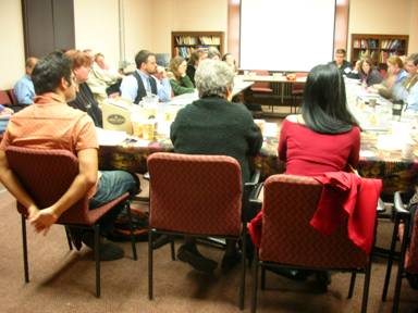 Arun Saldanha (U of Minnesota), Susan Noakes (U of Minnesota) and Geraldine Heng (U of Texas) seated in the foreground